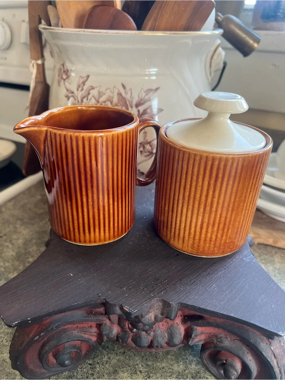 Vintage MCM Ribbed Ceramic Creamer and Sugar Set - Warm Amber